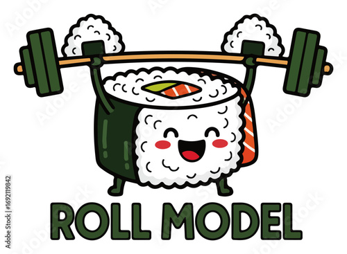 Colorful vector illustration of cute sushi roll lifting barbell gym pun for t shirt and textile print