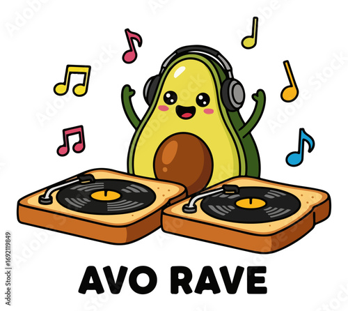 Colorful vector illustration of cute avocado dj mixing on turntables music pun for t shirt and textile print
