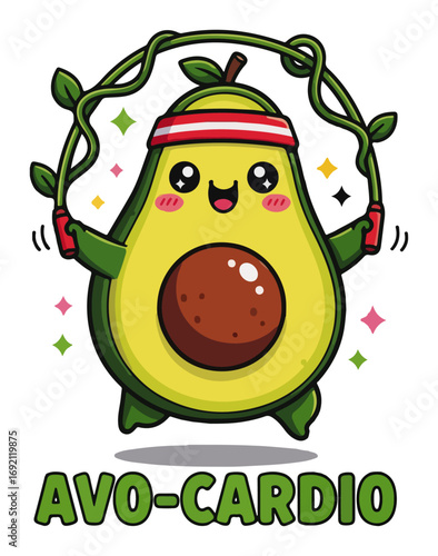 Colorful vector illustration of cute avocado doing cardio with jump rope fitness pun for t shirt and textile print