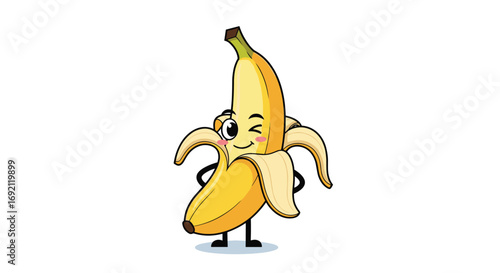 This winking peeled banana character dancing with its hands on its hips is a fun and playful image