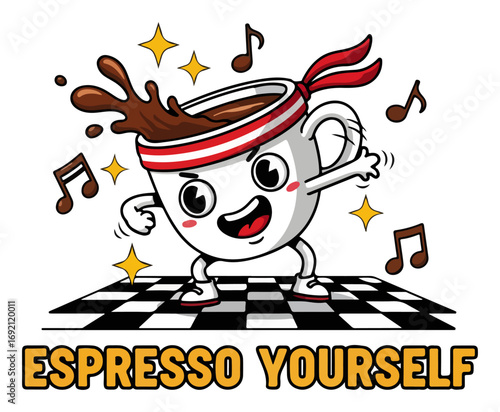 Energetic espresso cup dancing cartoon vector for coffee t shirt print