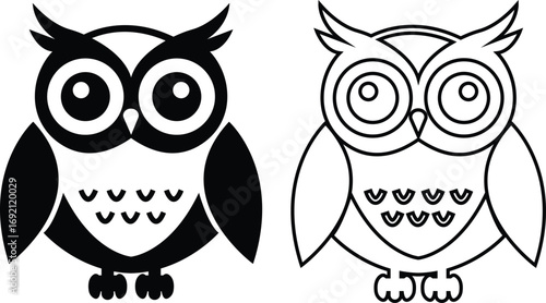 Black owl flat, line icon set, creative vectors of bird silhouette. Simple cartoon nocturnal animal design, decorative graphic symbol artwork. Wildlife illustration isolated on transparent background.