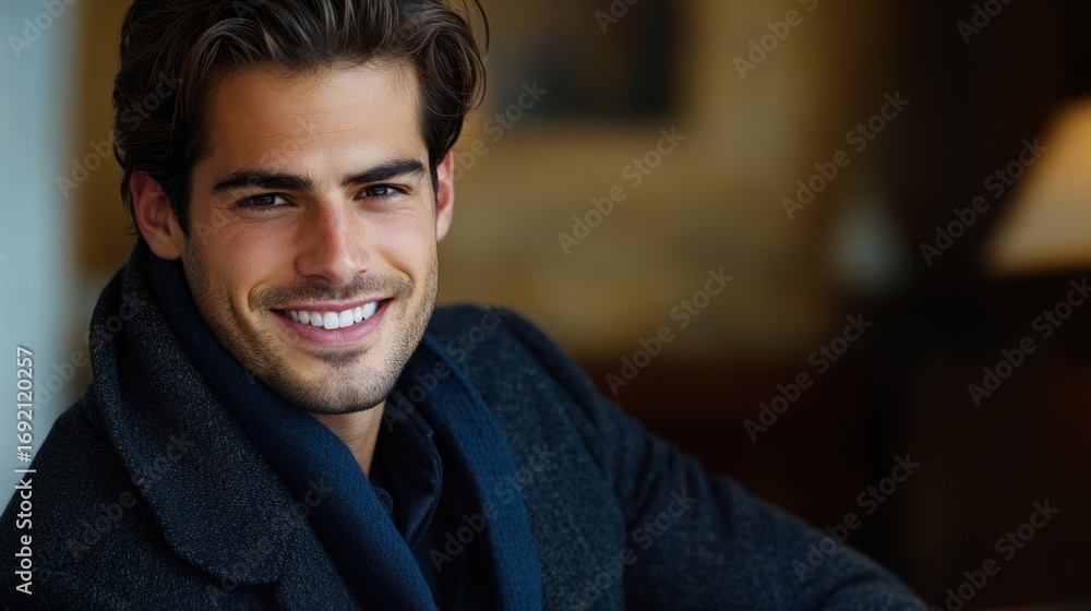 Fototapeta premium Happy man indoors, smiling, relaxed, elegant interior