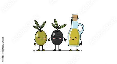 Cute olive oil and olives holding hands friendship cartoon vector illustration