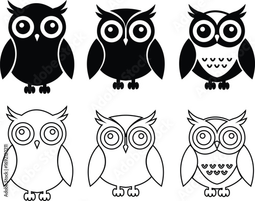 Black owl flat, line icon set, creative vectors of bird silhouette. Simple cartoon nocturnal animal design, decorative graphic symbol artwork. Wildlife illustration isolated on transparent background.