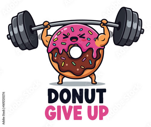 Donut give up pink frosted doughnut lifting barbell cartoon vector illustration