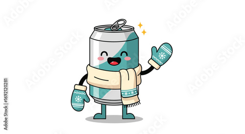 Cute cartoon can character waving hello wearing scarf and mittens with sparkles
