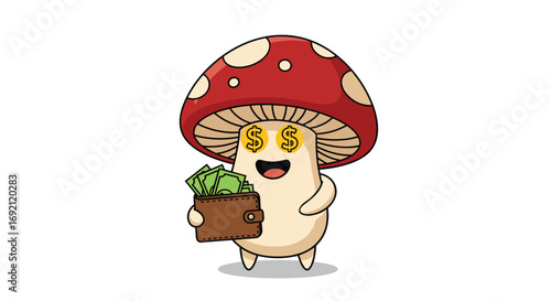 Mushroom character with money in wallet and eyes on white background