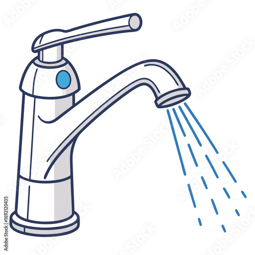 A stylized faucet with a single lever handle and a blue indicator, shown dispensing water as multiple blue streams.
