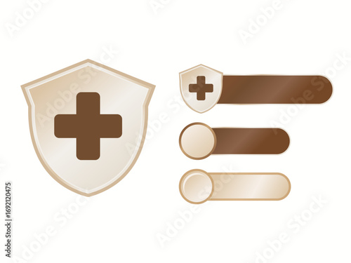 Set of Brown-Toned Medical and Health Shields with a Plus Sign and Horizontal Bars for Infographics