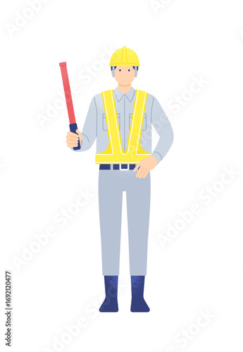 道路工事や建設現場で働く若い警備員 誘導棒で合図する男性のベクターイラスト素材