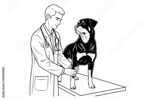 Veterinarian examining a Rottweiler dog on an examination table, caring professional approach, copy space