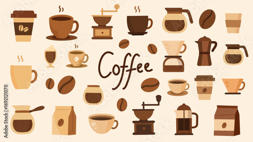 Coffee icons collection with cups beans grinder and brewing tools