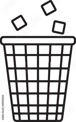 Simple line art icon of a trash can with crumpled paper being thrown away