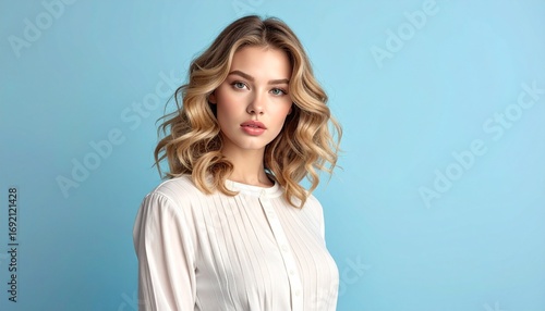 Wallpaper Mural Studio portrait of an attractive young woman with gorgeous wavy blonde hair and a confident, serene expression against a solid blue background Torontodigital.ca
