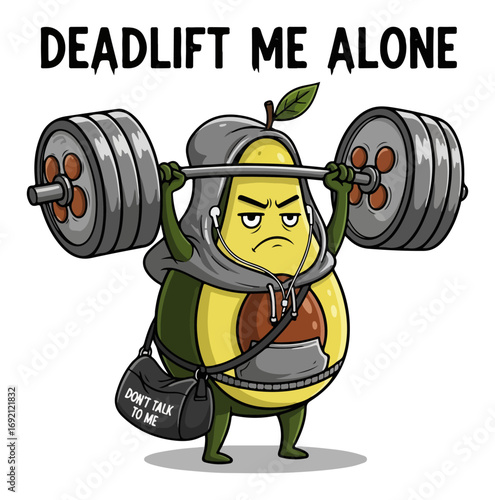 Grumpy avocado deadlifting cartoon vector for gym t shirt print