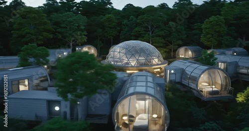 Modern eco-friendly village with illuminated domes at night