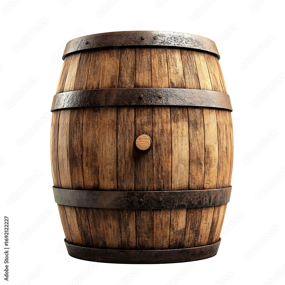 Obraz premium Rustic wooden barrel with metal hoops isolated on transparent background
