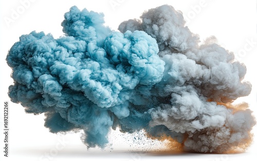 Two swirling clouds of light blue and gray smoke against white