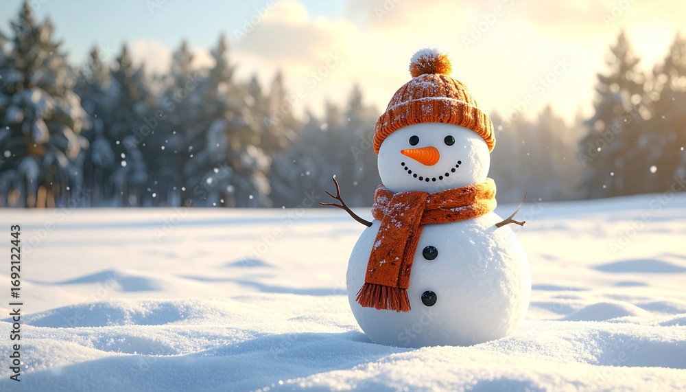 custom made wallpaper toronto digitalA cheerful snowman wearing an orange hat and scarf stands in a snowy winter landscape, a joyful symbol of the holiday season