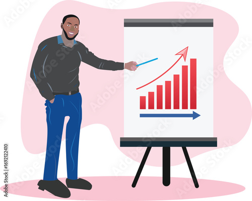 Businessman presenting growth chart, flat vector illustration, Businessman with chart
