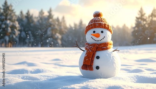 A cheerful snowman wearing an orange hat and scarf stands in a snowy winter landscape, a joyful symbol of the holiday season