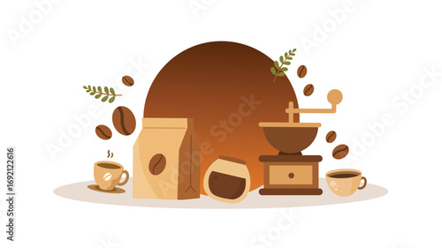Coffee grinder with beans bag cups and brewing illustration