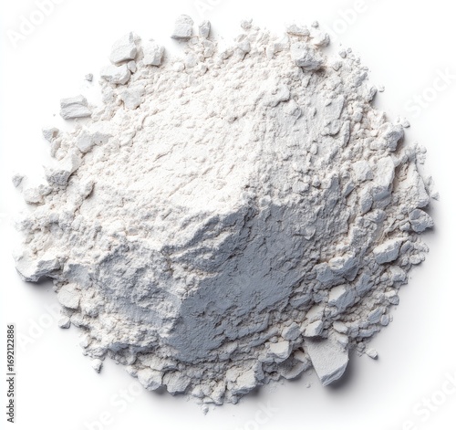 Pile of white powder, unevenly distributed, isolated on white background