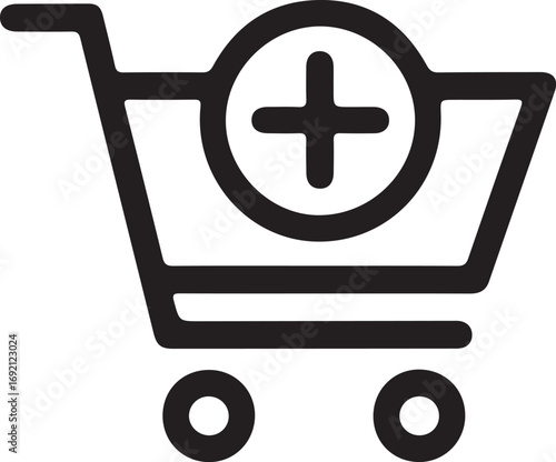 Simple black outline icon of a shopping cart with a plus sign inside a circle