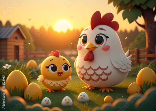 Mother hen with baby chicks in cartoon style idyllic countryside landscape at sunset, whimsical spring nature scene digital illustration JPG file