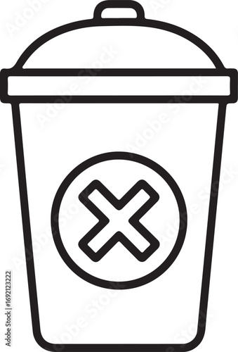 Simple black and white line art icon of a trash can with a cross symbol indicating deletion or removal