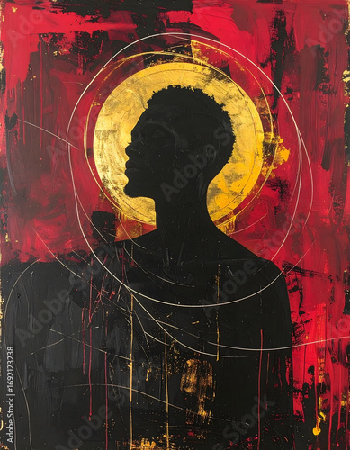 A dark silhouetted man figure in profile centered against a vibrant chaotic background, dynamic mix of deep reds blacks and yellows with bold sweeping brushstrokes and splatters.