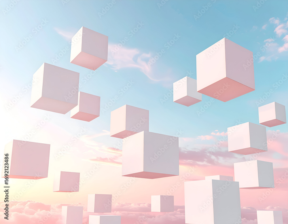 Fototapeta premium Floating White Cubes in a Pastel Sky