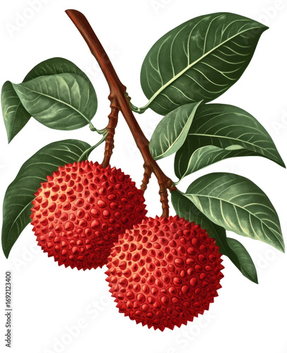 two lychees lush green leaves that surround them isolated on a transparent background
