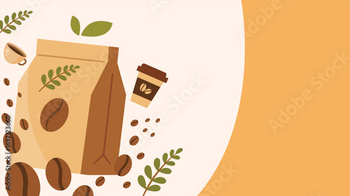 Coffee packaging with beans leaves and cup flat illustration