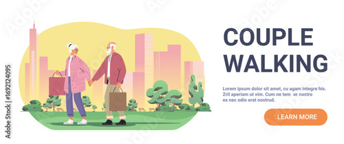 Senior couple walking city park urban skyline elderly people holding shopping bags outdoor activity modern flat design website banner