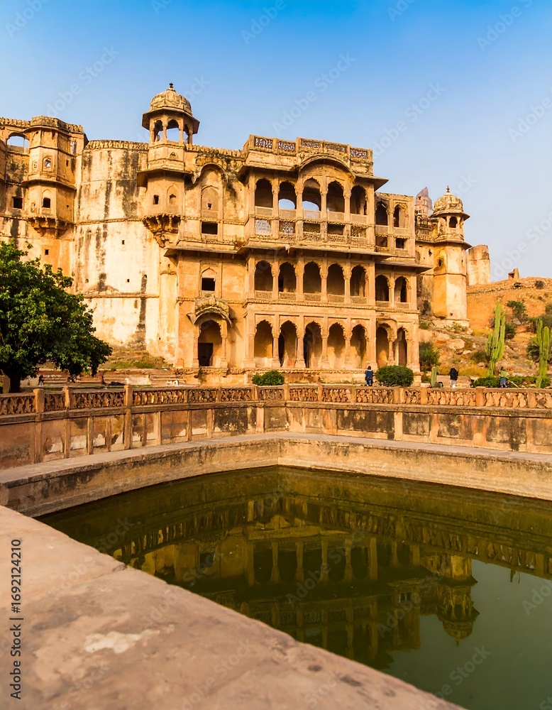 Fototapeta premium Ancient Indian palace by a pool