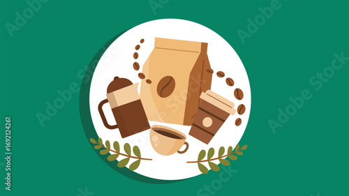 Coffee packaging bag cup beans circle frame green background