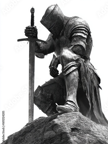 Medieval knight kneeling with sword on rock