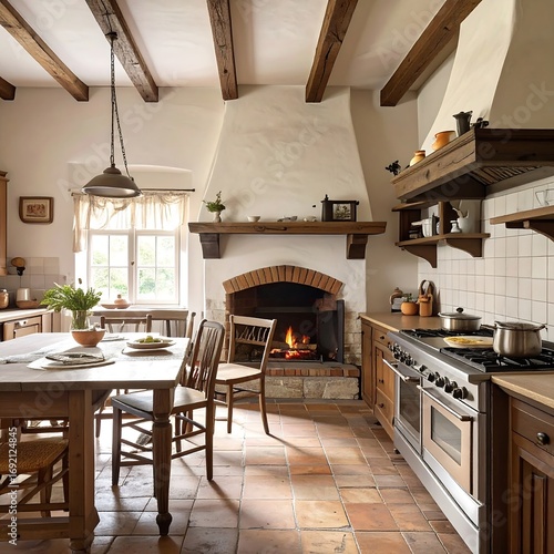 Rustic farmhouse kitchen with fireplace