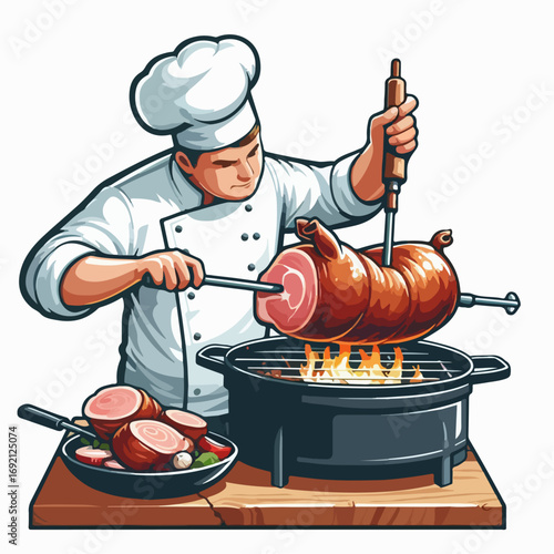 Illustration of a chef roasting suckling pig