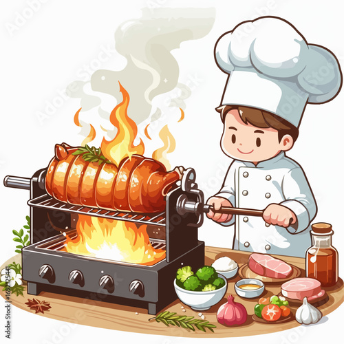 Illustration of a chef roasting suckling pig