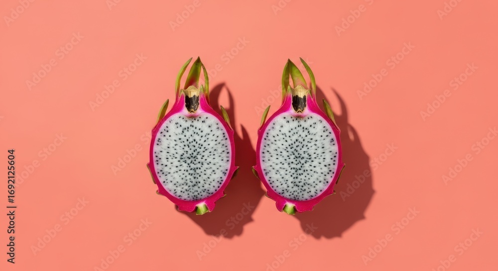 Obraz premium Buah naga potong segar minimalis di atas latar pink cerah melambangkan pola makan sehat dan estetika nutrisi buah tropis
