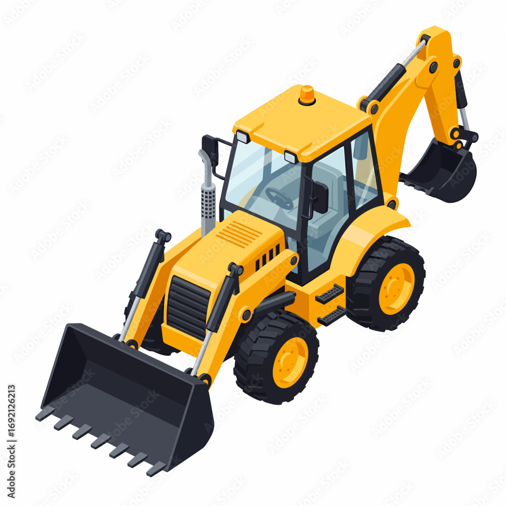 Fototapeta premium A yellow backhoe loader with a front loader and a rear excavator arm, depicted in a realistic isometric illustration against a white background.