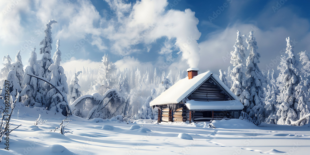 Naklejka premium Snow-covered cabin in serene winter landscape