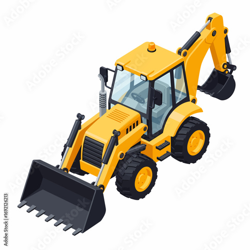 A yellow backhoe loader with a front loader and a rear excavator arm, depicted in a realistic isometric illustration against a white background.