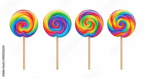 Four colorful rainbow swirl lollipops on sticks.
