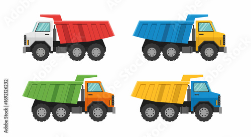 Four dump trucks in different colors: red, blue, green, and yellow.