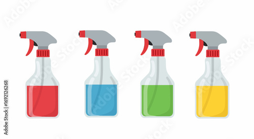 Collection of four cleaning spray bottles with red, blue, green, and yellow chemical solutions.