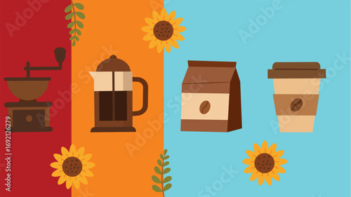 Coffee grinder french press packaging cup floral background illustration